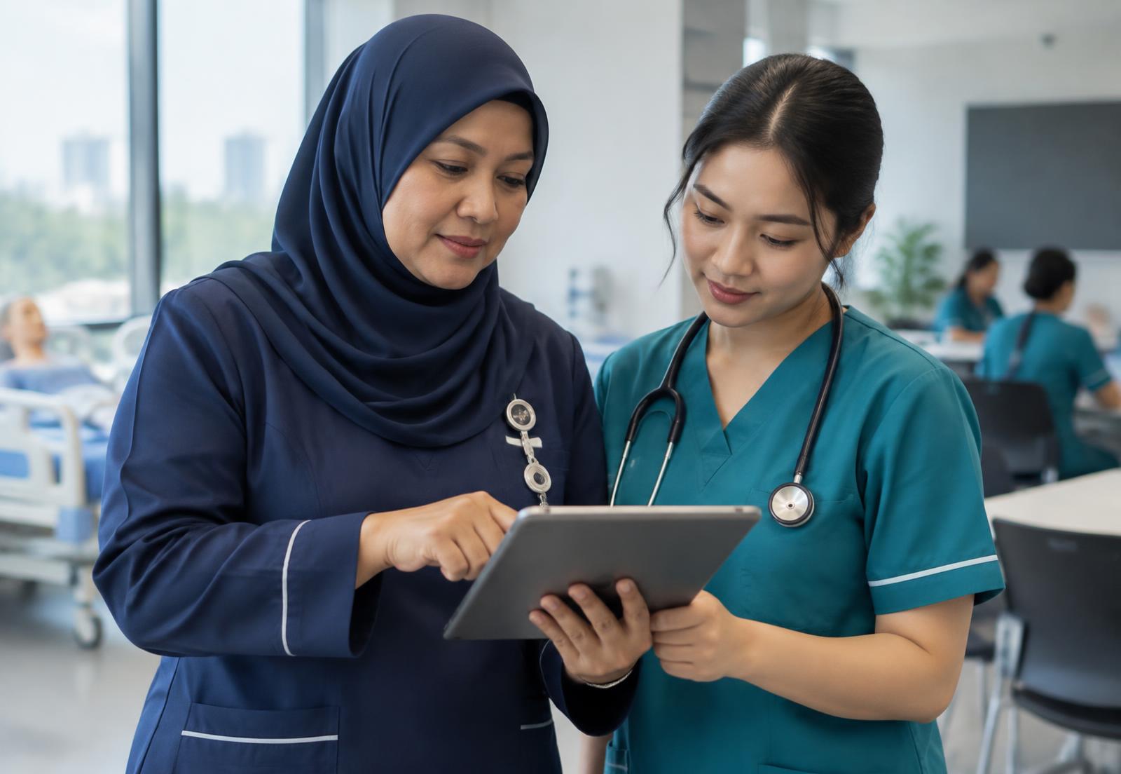 Nurse educator reviewing a learning module with a colleague